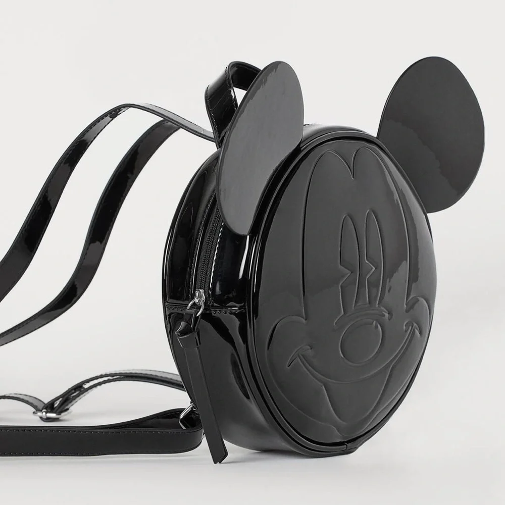 H&M RARE Disney Mickey Mouse Black Faux Patent Leather Round Backpack